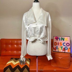 ‼️END OF SUMMER SALE ‼️
 Vintage 80's White Satin Cropped Blouse w/Sheer Sleeves
